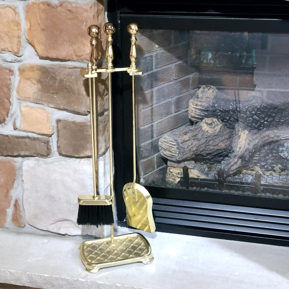 3pc Vintage Brass Fireplace Tools Companion Set 28” Antique Style Gold Color
